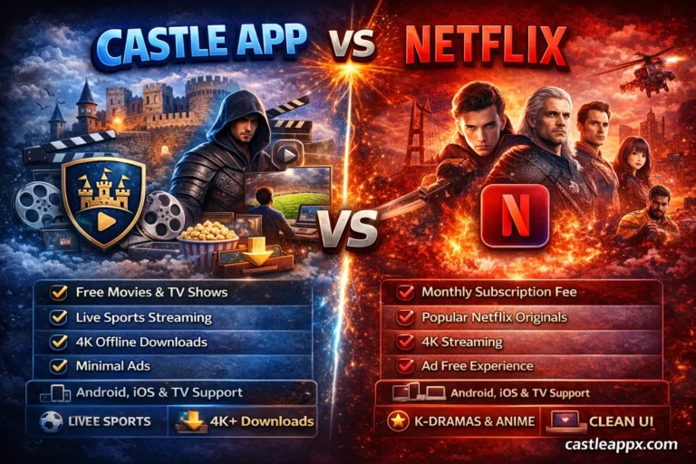 Castle App vs Netflix comparison graphic showing free movies, live sports, and 4K downloads on Castle App versus Netflix subscription plans, originals, and ad-free streaming – 2025 visual comparison by castleappx.com