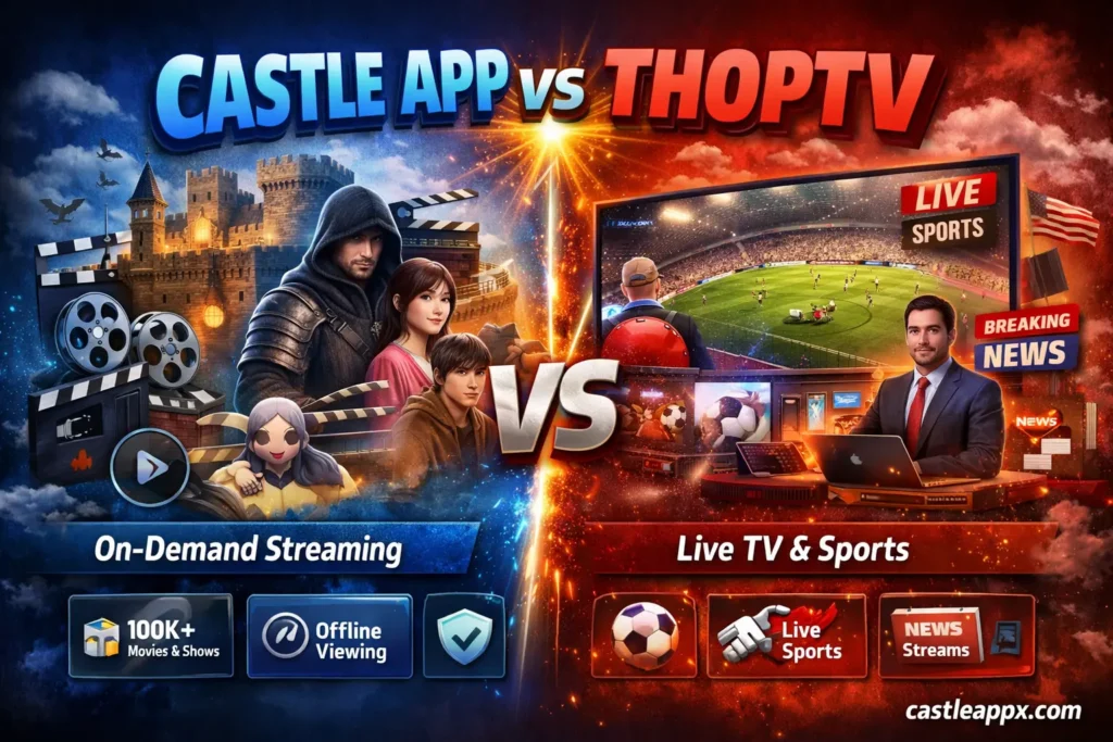 Castle App vs ThopTV comparison image showing on-demand streaming movies and web series on one side and live TV sports and news on the other, highlighting features like offline viewing, 100K+ content library, and live sports streaming – castleappx.com