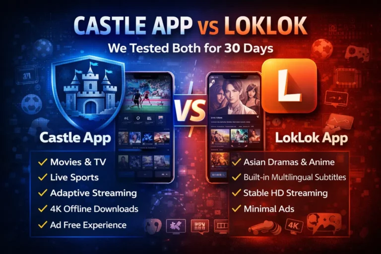 Featured comparison image showing Castle App vs LokLok App tested for 30 days, highlighting features like live sports, 4K downloads, adaptive streaming, Asian dramas, subtitles, and HD streaming.