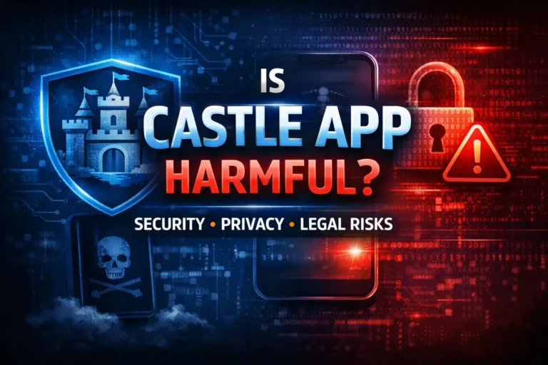 Featured blog image showing βIs Castle App Harmful?β with cyber security themed background, smartphone streaming icons, warning signs, castle shield, and text highlighting security, privacy, and legal risks.